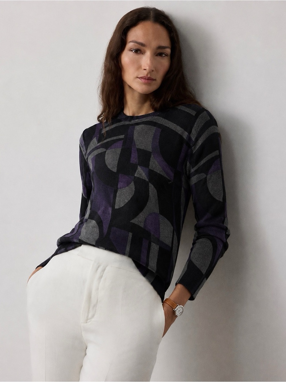 Lauren Ralph Lauren Silk Cashmere Abstract Sweater Purple Gray XL